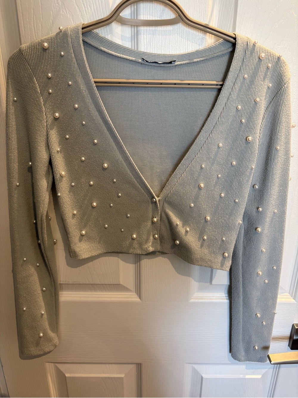 Zara Pearl-Embellished Light Ribbed Long-Sleeve Top